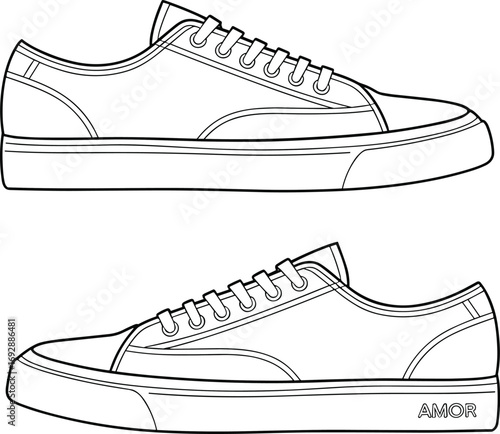 Sneaker outline vector, casual shoes illustration, fashion footwear line drawing, stylish sneaker design template, sport shoe sketch, trendy footwear outline, AMOR sneaker art
