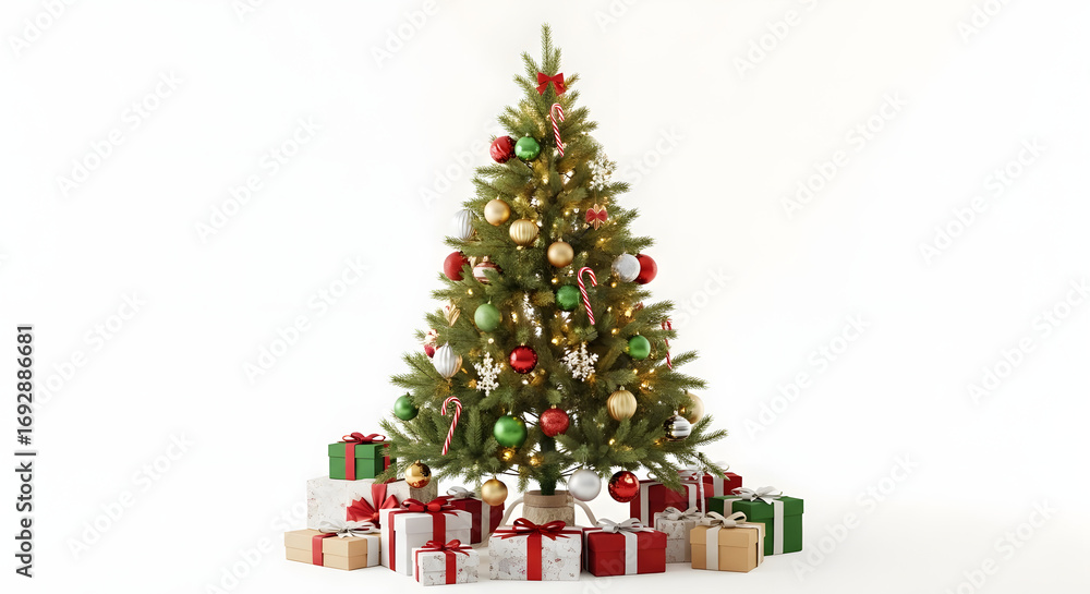 Naklejka premium A classic Christmas tree, meticulously decorated with a variety of shimmering ornaments and surrounded by a festive assortment of wrapped presents, evoking holiday cheer