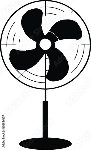 Standing electric fan vector illustration, household cooling appliance design, pedestal desk fan silhouette, retro ventilation equipment graphic, summer airflow concept, black icon art