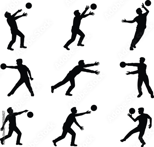 Volleyball player silhouette vector illustration, sport action design, athletes hitting ball, serving spike graphic, competitive team game concept, fitness exercise icon collection