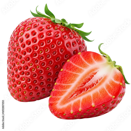 A ripe whole strawberry and a sliced half strawberry showcasing its juicy red flesh and seeds, isolated on a clean white background.
