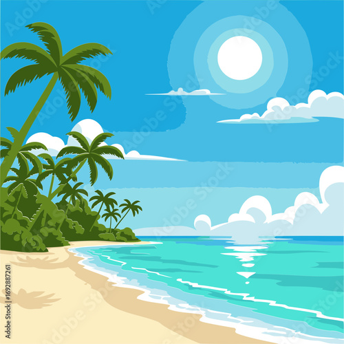 Tropical beach scene with vibrant colors and a sunny sky. Lush vegetation and calm turquoise water, showcasing a beautiful beach paradise.