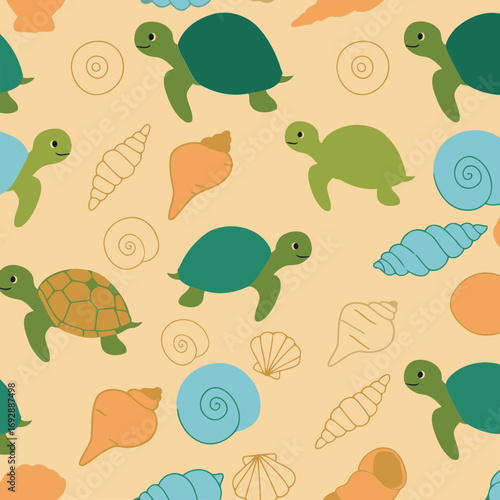 Sea turtle and seashell repeating pattern on beige background.
