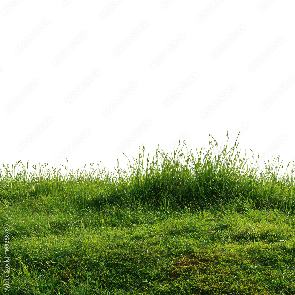 Fototapeta premium Lush green grass on a sunny day in a serene landscape with bright white background