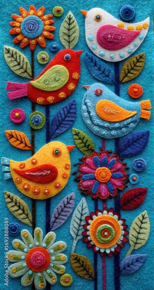 Fototapeta premium Vibrant felt birds and flowers