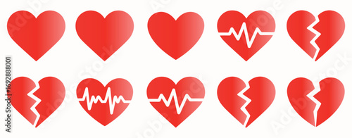 Collection of red hearts in various states, isolated on white background, representing love, health, and heartbreak