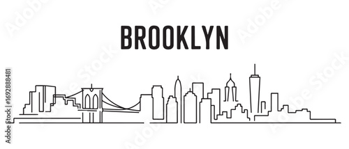 Brooklyn Line Art skyline horizontal banner. Brooklyn, NYC. Vector template for your design. with white background