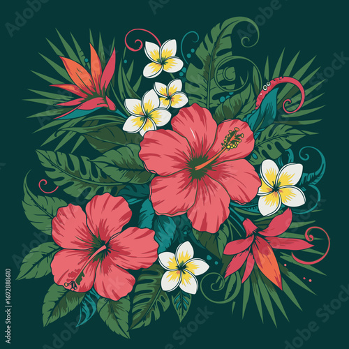Tropical flower bouquet with vibrant hibiscus and plumeria in a lush green foliage setting. Detailed floral arrangement in a decorative botanical design.