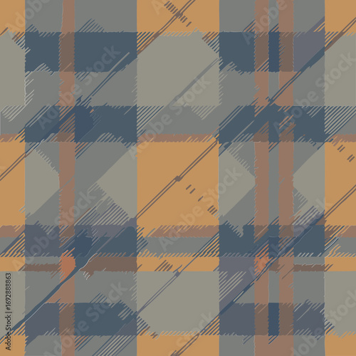 Abstract plaid pattern in muted tones of gray, beige, and orange. Design with intersecting lines forming a repeating pattern.
