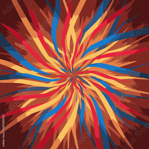 Abstract radiating design with vibrant colors in red, yellow, and blue. Radial pattern with a central point radiating outward in a dynamic, energetic composition.