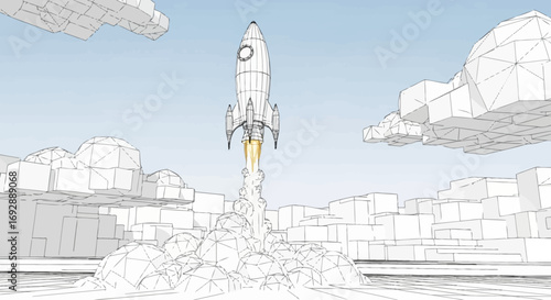 A detailed vector illustration of a space rocket launching from a city tower into the sky