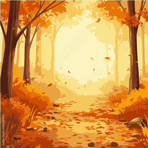 Autumn forest path bathed in golden sunlight with falling leaves. Peaceful woodland scene with warm colors and a gentle path.
