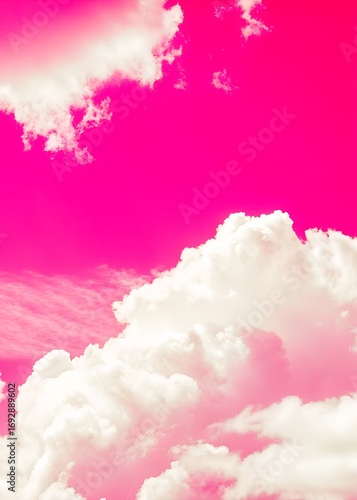 Vibrant Pink Sky Fluffy White Clouds Dreamy Horizon Scenic View