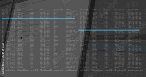 Monitor powering on revealing terminal log columns fading cyan highlight scanning entries for audit