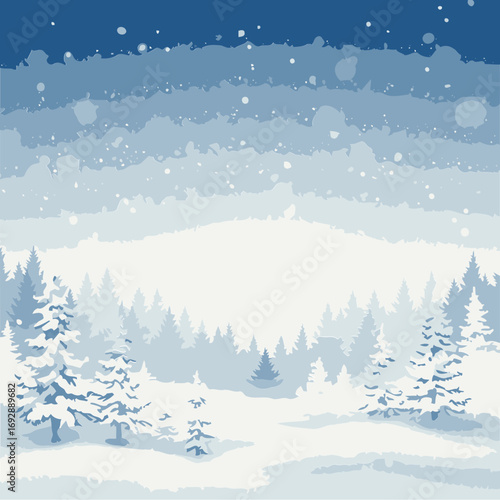 Winter wonderland scene with snow-covered evergreen trees in a landscape. Soft snowfall in a serene forest setting.