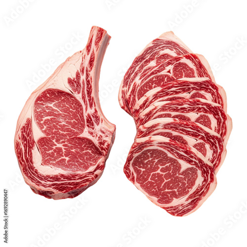 Close-up view of two cuts of raw steak, one a rib eye and the other sliced rib eye.