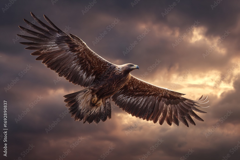 Fototapeta premium Ultra realistic golden eagle soaring mid air captured below dramatic sky with cinematic light detailed wildlife capture