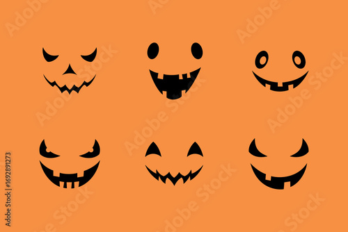 Halloween pumpkin face, set of icons isolated on a bright orange background, vector, flat design. Festive nasty element of emotion, expression of evil, horror, fun for decoration, design, postcard