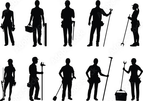 Construction worker silhouette vector illustration, builder man and woman designs, labor tools icons, professional handyman artwork, repair service collection, black industrial worker silhouettes
