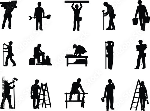 Construction worker silhouettes, builder with tools, industrial labor vector, handyman illustration, repairman at work, building site design, contractor graphic, black worker shapes, profession art