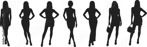Elegant fashionable women silhouette vector illustration, stylish female figures posing with handbags, modern lady outline design for fashion, lifestyle, beauty, shopping, modeling concept artwork