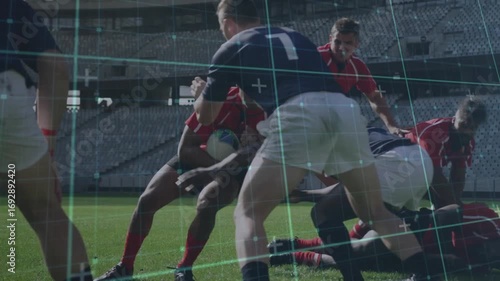 Red jersey picking ruck ball and attacking with animated arrow marking pass in sports analysis