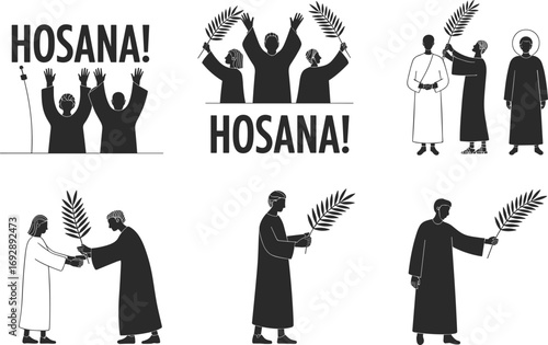 Hosanna celebration vector illustration, Palm Sunday Christian worship, Jesus entry Jerusalem, people with palm branches, religious holiday, Easter tradition, faith, gospel, spirituality, church
