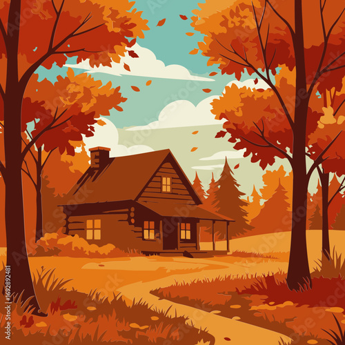 Autumnal log cabin nestled in a forest clearing with vibrant fall foliage. Tranquil scene of a rustic cabin with pathway leading to it in a picturesque autumnal forest setting.