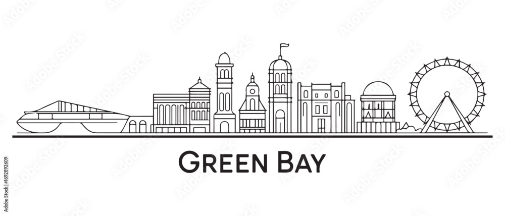 Obraz premium Green Bay Line Art skyline. Travel Green Bay famous landmarks. Business and tourism concept for presentation, banner, web site. with white background