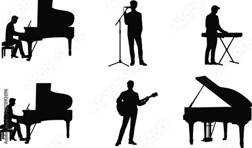 Musician silhouette vector illustration, piano player designs, guitarist artwork, singer performance icons, keyboard player collection, black music silhouettes, concert and band artwork decoration