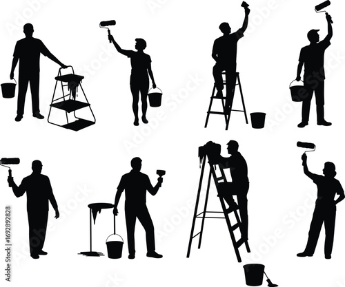 Painter silhouettes with roller brush, house painting workers, handyman illustration, wall paint design, construction repair art, decorator on ladder, bucket tools vector