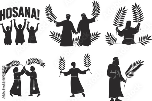 Palm Sunday vector illustration, Christian worship silhouettes, Hosanna celebration graphics, people with palm leaves, biblical religious artwork, Easter holy week design, church festival