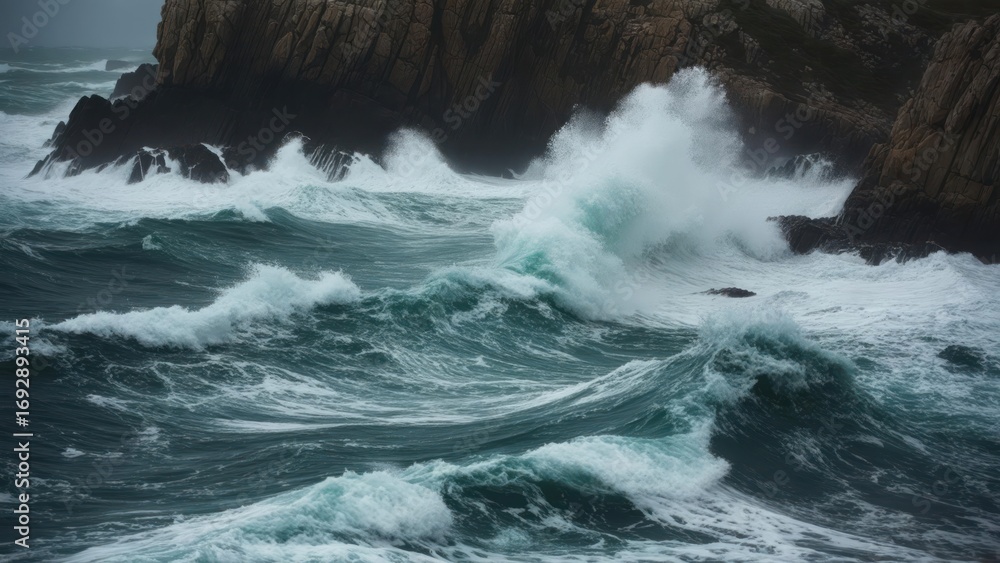 Fototapeta premium Majestic Chaos: Powerful Ocean Swells Crashing on Dark Cliffs