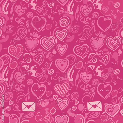 Pink heart-shaped pattern with whimsical elements. Decorative design with a multitude of hearts in various shapes and sizes.