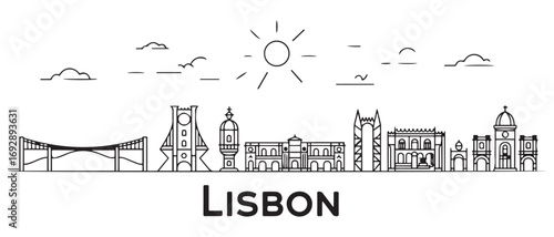 Lisbon Line Art skyline. Travel Lisbon famous landmarks. Business and tourism concept for presentation, banner, web site. with white background