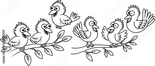 Cheerful cartoon birds perched on a branch illustration in black and white outline for childrens coloring book or educational materials