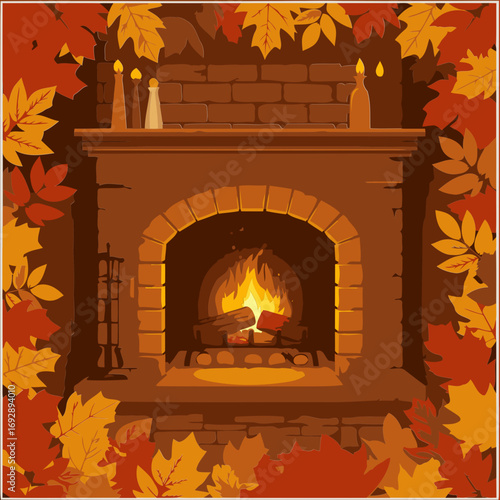 Autumnal brick fireplace with burning logs in a cozy home setting. Warm fire glowing brightly within an archway fireplace framed by autumn leaves.