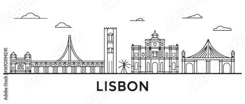 Lisbon Line Art skyline. Travel Lisbon famous landmarks. Business and tourism concept for presentation, banner, web site. with white background