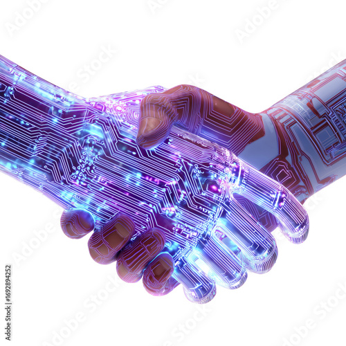 Futuristic handshake with glowing digital circuits and data streams representing artificial intelligence and technology partnership isolated on transparent background