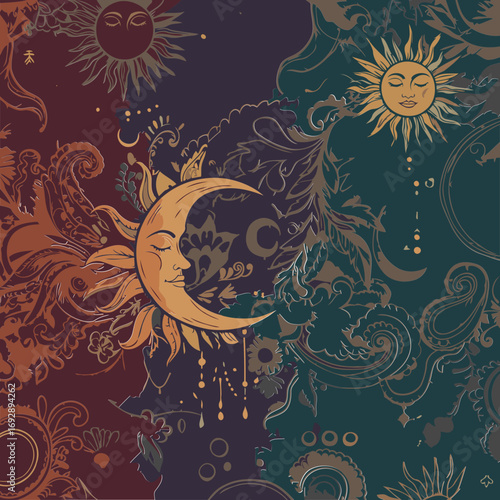 Ornate sun and moon celestial design with detailed paisley patterns in a deep color palette. Intricate, decorative elements create a mystical and artistic backdrop for various uses.