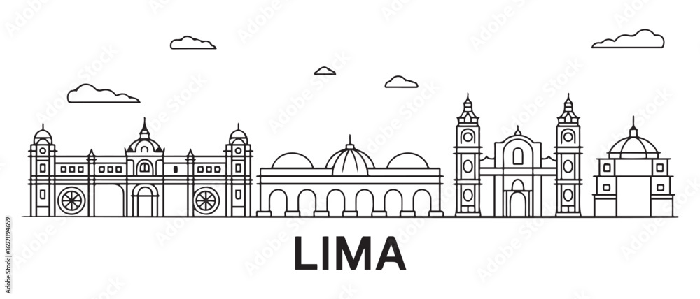 Obraz premium Lima Line Art skyline horizontal banner. Lima, Peru. Vector template for your design. with white background