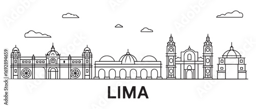 Lima Line Art skyline horizontal banner. Lima, Peru. Vector template for your design. with white background