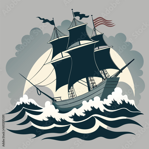 Vintage sailing ship on stormy seas with dark sails