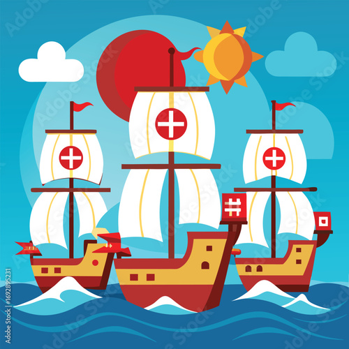 Three Caravels Sailing on a Blue Ocean Under a Sunny Sky Keywords: caravels, sailing ships