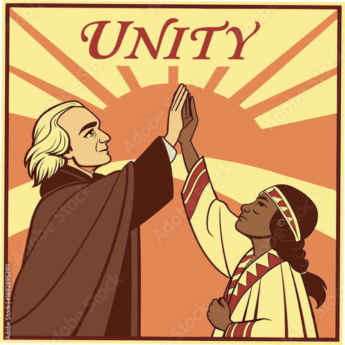 Unity between explorer and indigenous person with sunburst