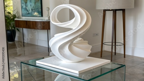 Elegant White Abstract Twist Sculpture Modern Interior Glass Table Home Decor Display Sleek Curved Form Artistic Minimalist Design