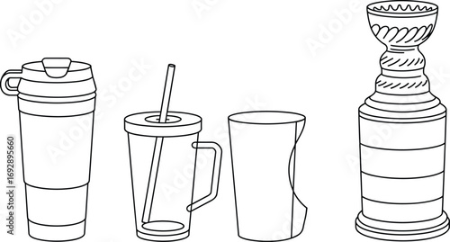Vector illustration of drinking cups, mugs, travel tumbler, reusable glass, straw cup, trophy design, beverage containers, kitchen elements, outline drawing collection