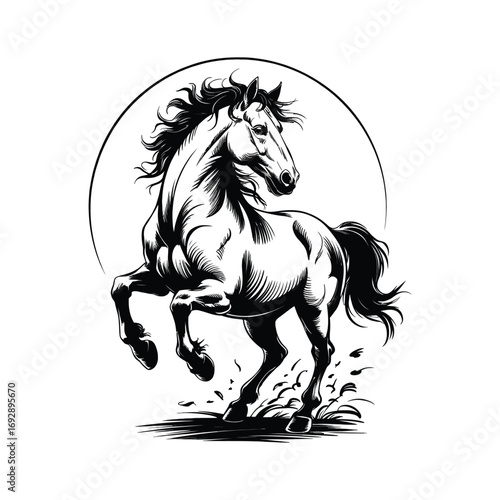 Black and white illustration of a prancing horse in dynamic motion within a circular frame in woodcut style