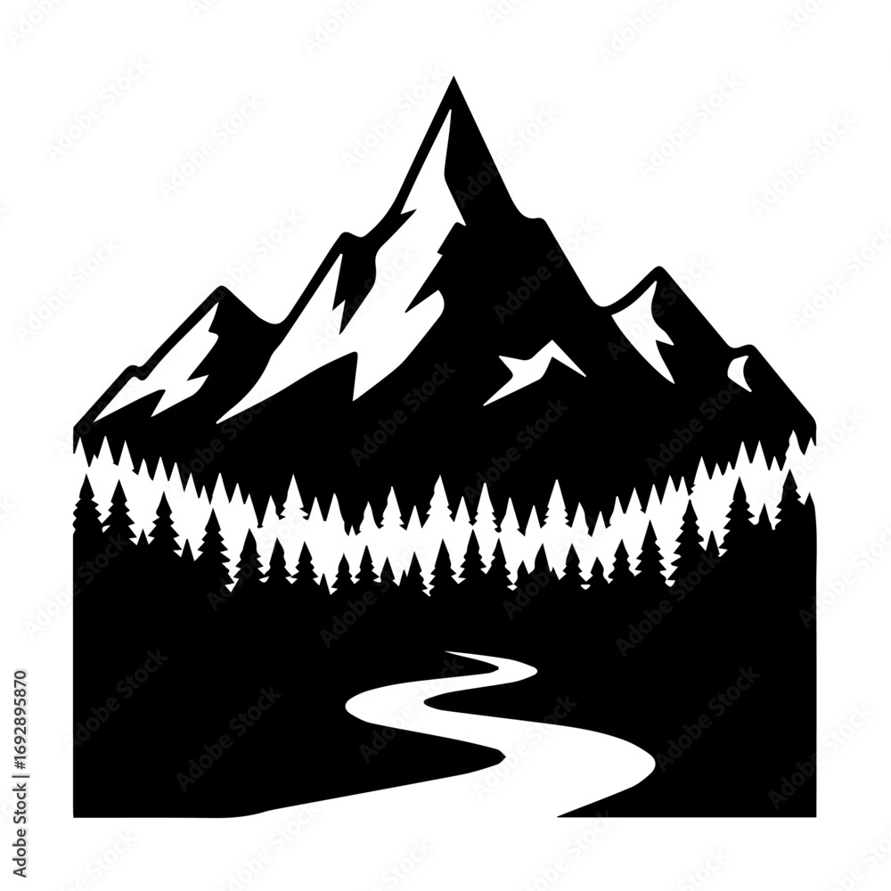 Fototapeta premium Mountain peak with forest and winding path, vector illustration in black isolated on a white or transparent background.