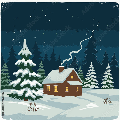 Winter cabin nestled in a snowy forest at night. Peaceful scene with snow-covered trees and a warm log cabin. Cozy winter scene in a snowy forest -